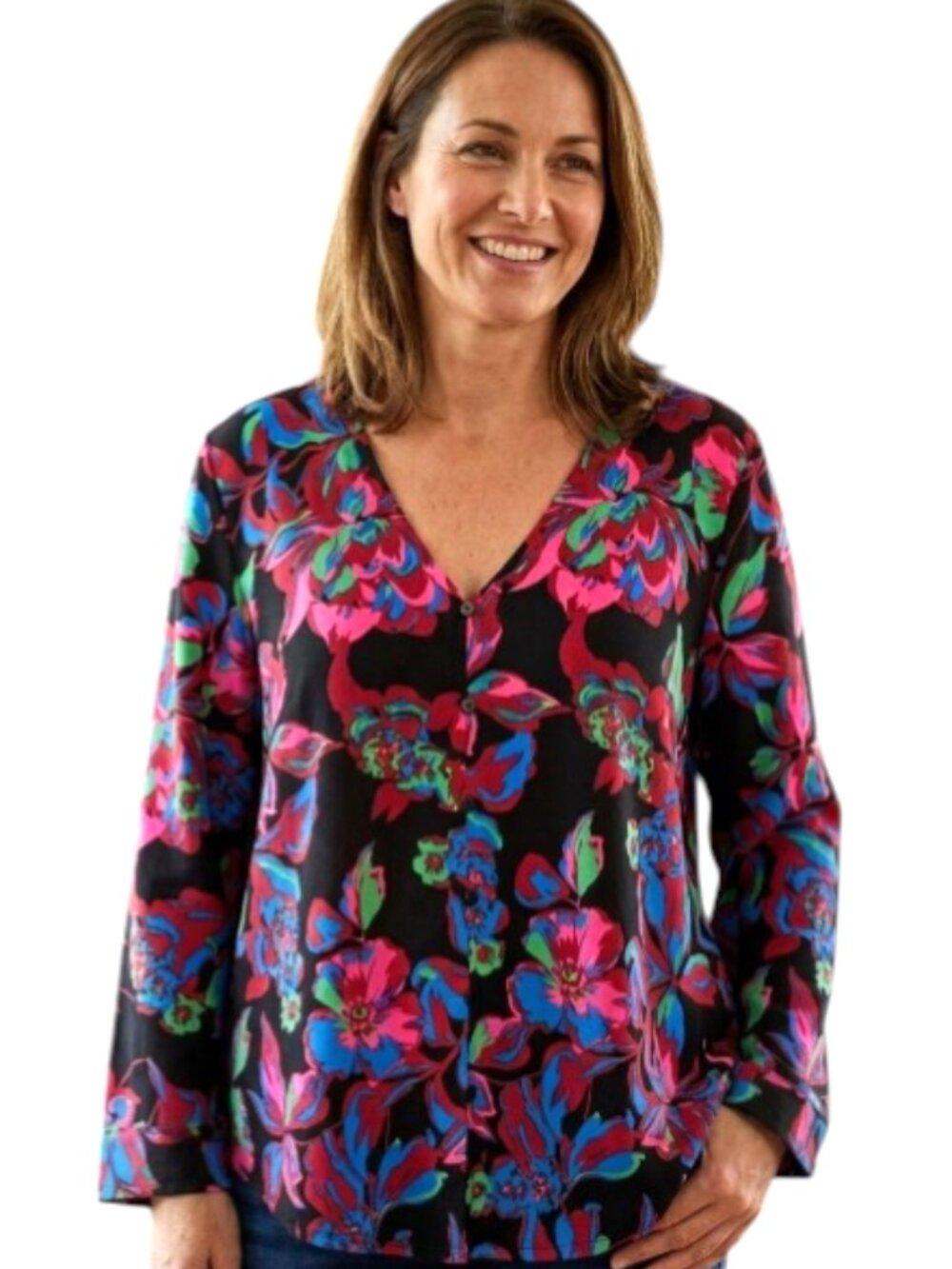 Up! Pants Floral V-Neck Blouse Dark Floral Long Sleeve Size L